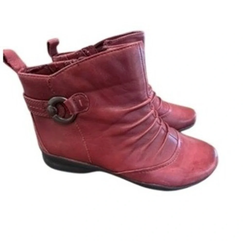 Earth Origins Red Leather Ruched Ankle Boots Side Zip Buckle Burgundy SZ‎  7.5